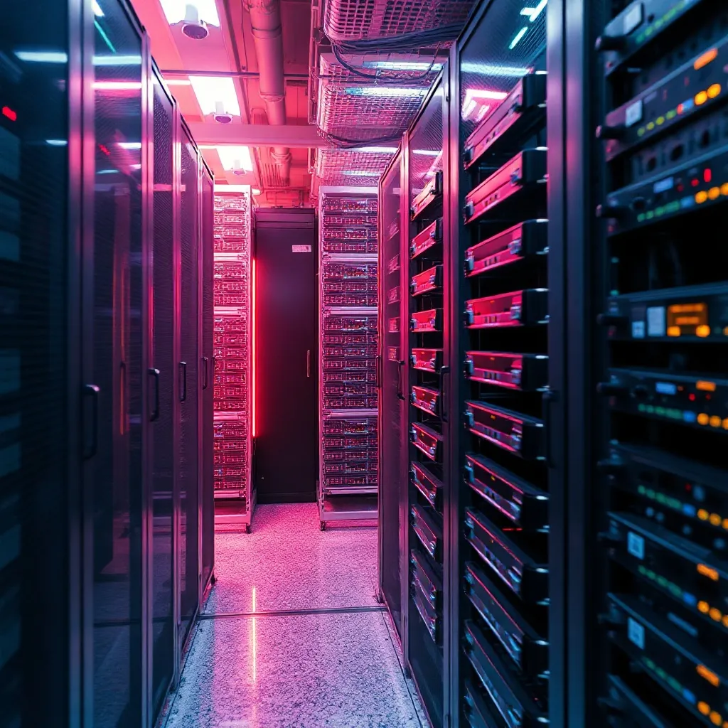 Clean organized server racks and data center cables in soft